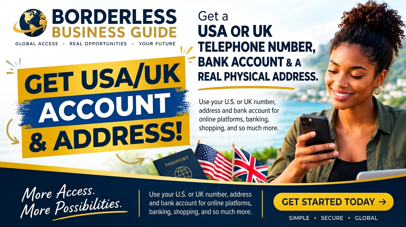 Borderless Business Guide promotional artwork about researching U.S. and U.K. account and address options
