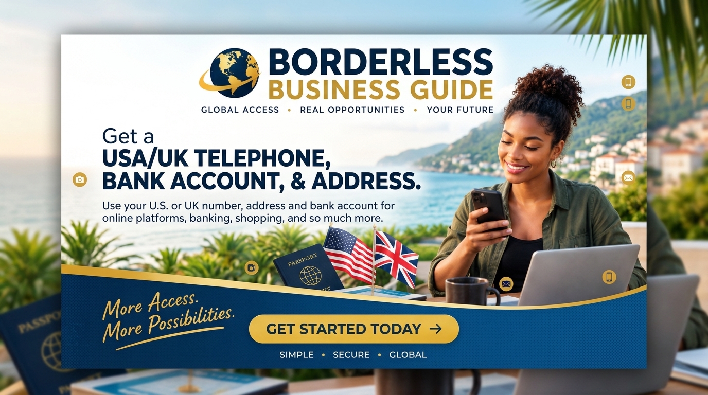 Borderless Business Guide promotional overview with a customer using a phone and U.S. and U.K. themed imagery