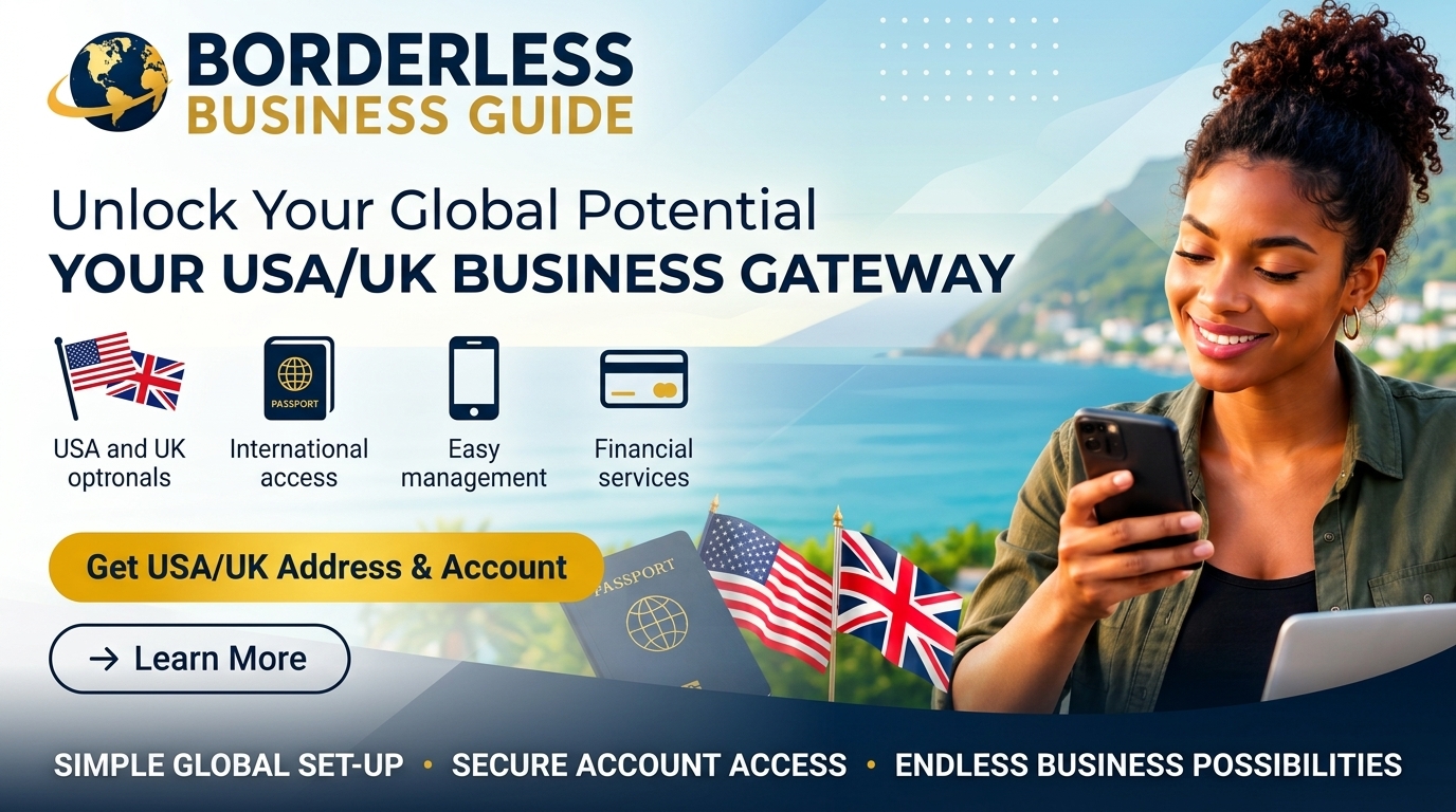 Borderless Business Guide promotional overview of international setup, access, phone, and financial service topics